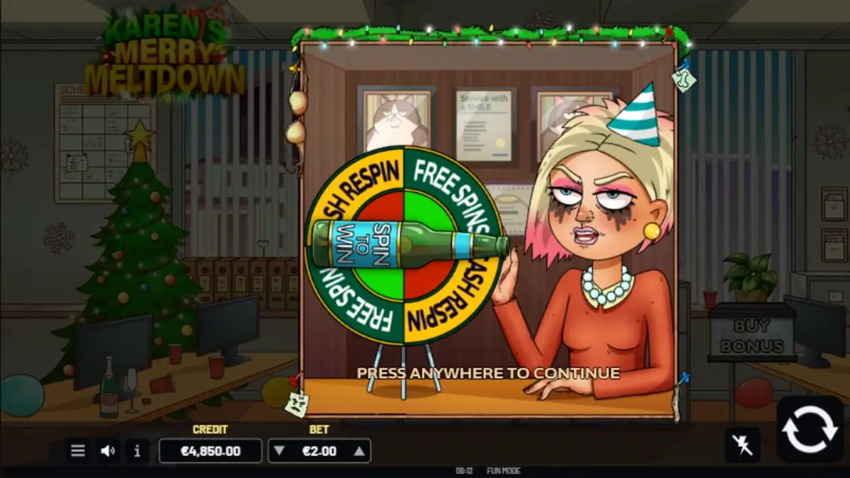 Visual vibrante e caótico do slot Karen’s Merry Meltdown em um ambiente de festa de escritório