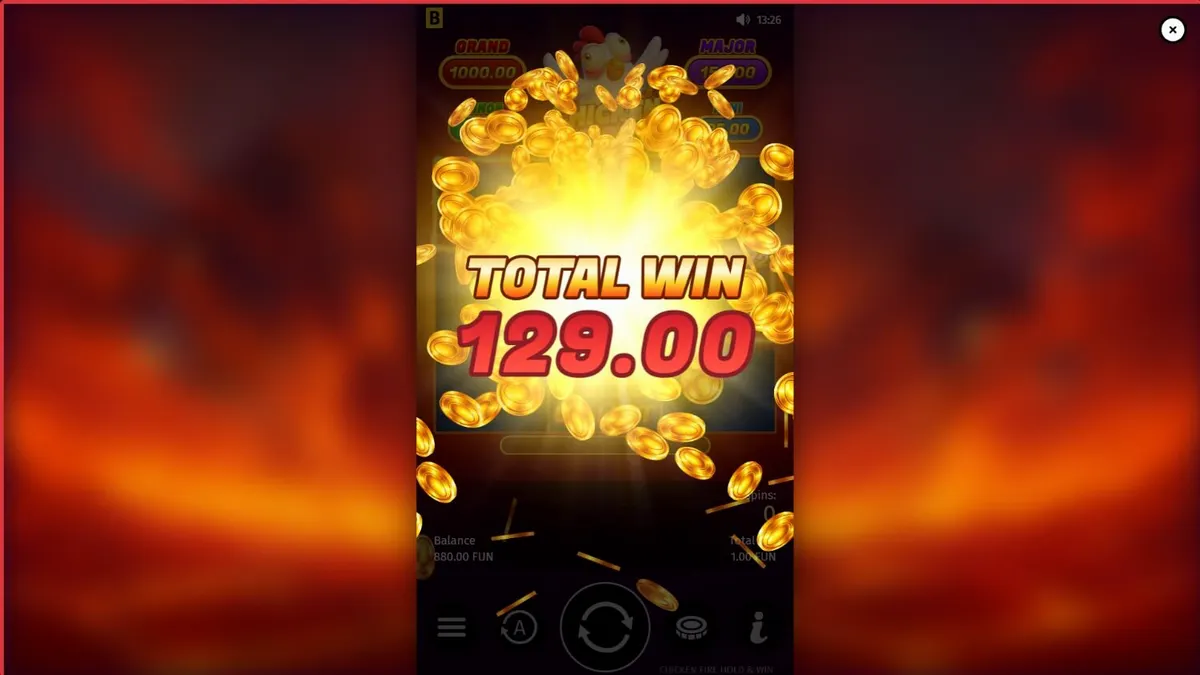 Interface do jogo Chicken Fire com símbolos de frutas e galinha animada